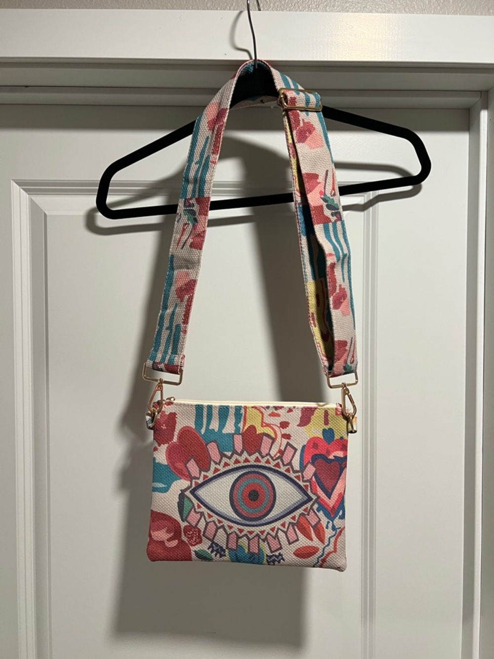 Karma Highway Eye-Print Canvas Crossbody Bag in Multi-Color with Guitar Strap